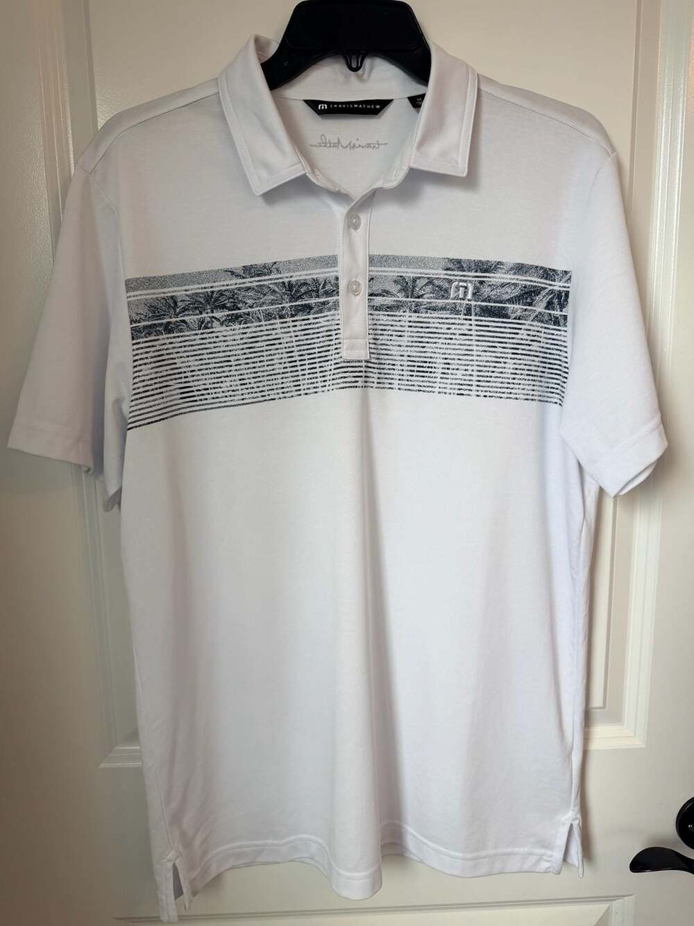 TravisMathew Men's Size M White Palm Tree Graphic Polo Shirt 1MA027